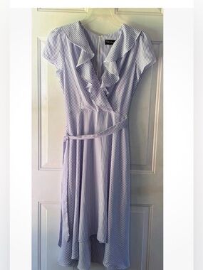 DN Design Blue White Ruffle Striped Midi Dress 12 Feminine Girlhoodcore Coquette
